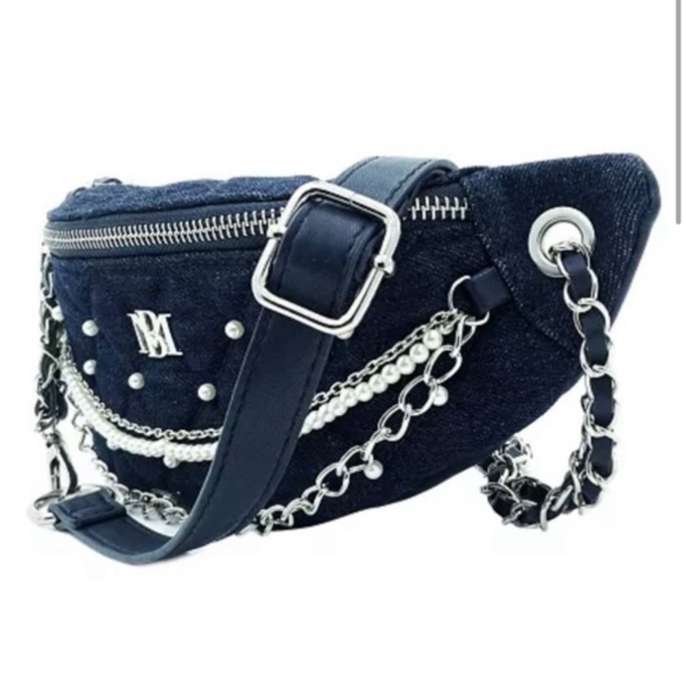 Badgley Mischka Denim Chained Pearls Belt Bag Fanny Pack VEGAN Leather NWT